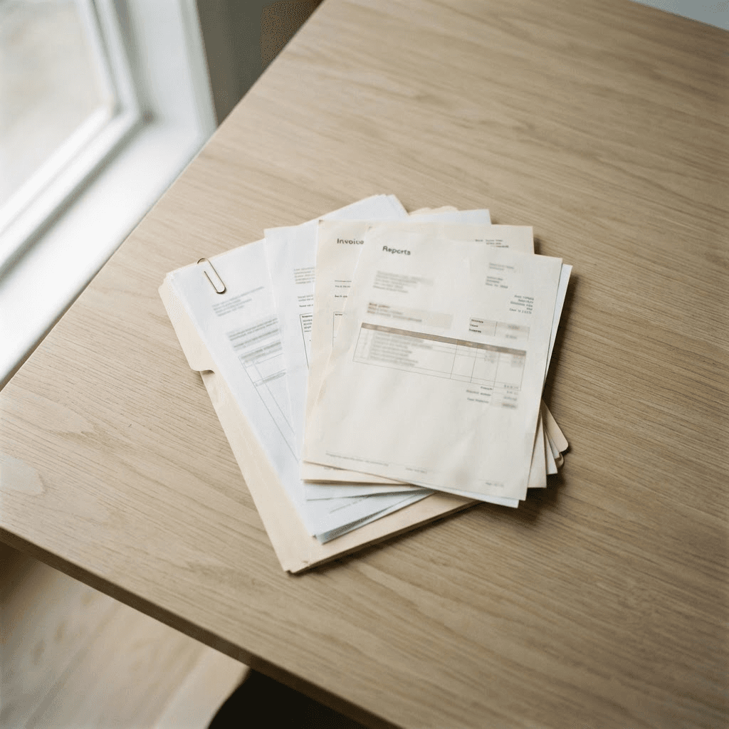 A small pile of property paperwork on a desk