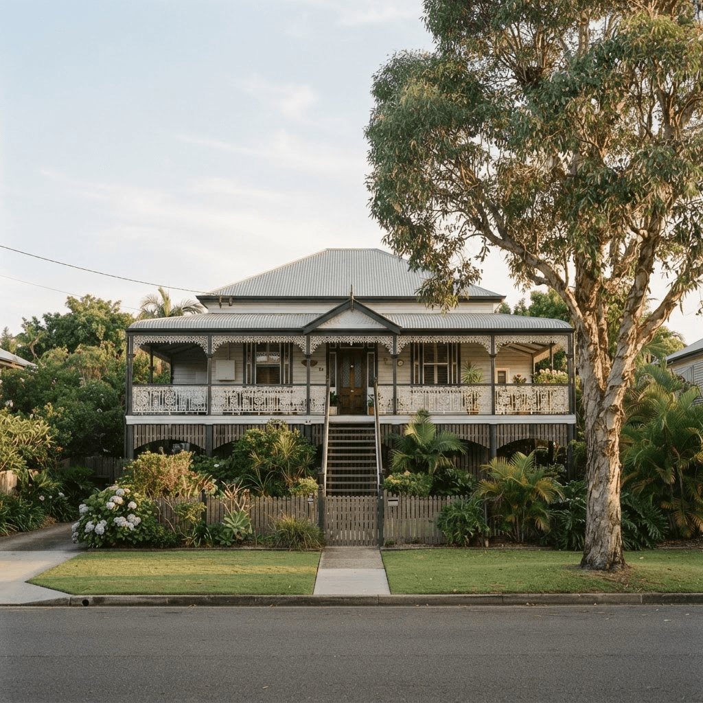 A raised timber Queenslander house on a quiet Brisbane street
