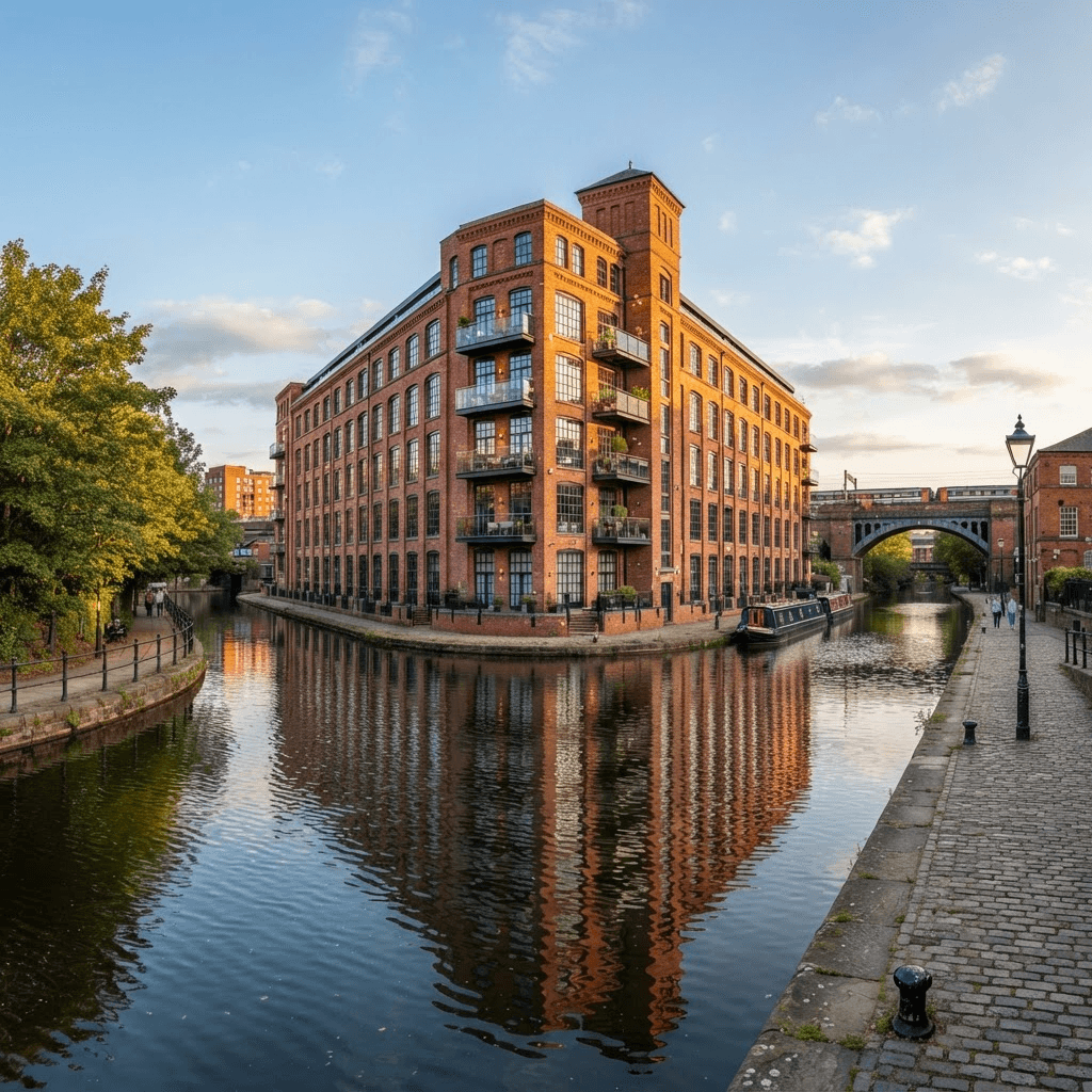 A modern converted red-brick warehouse apartment building beside a canal in Manchester, an example of a UK Buy-to-Let property
