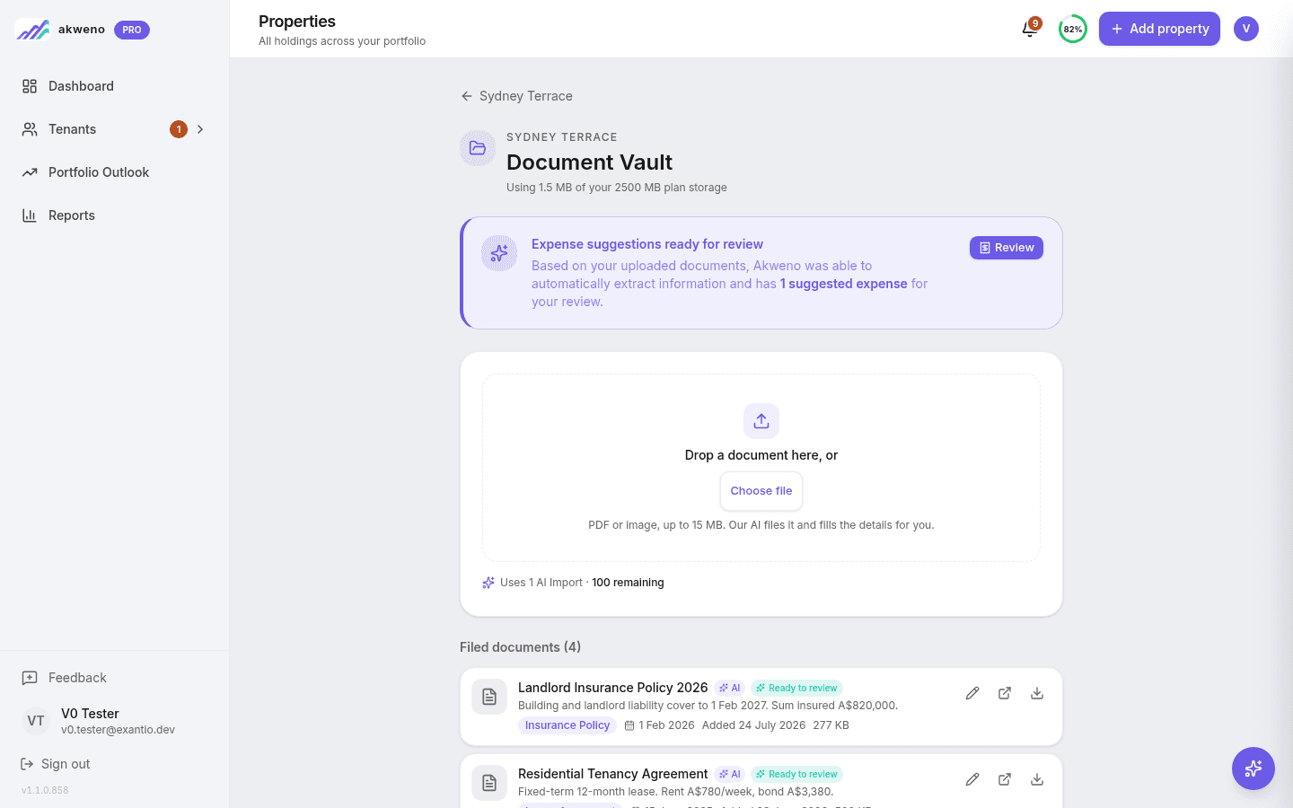 Akweno document vault with property files linked to their corresponding income and expense records