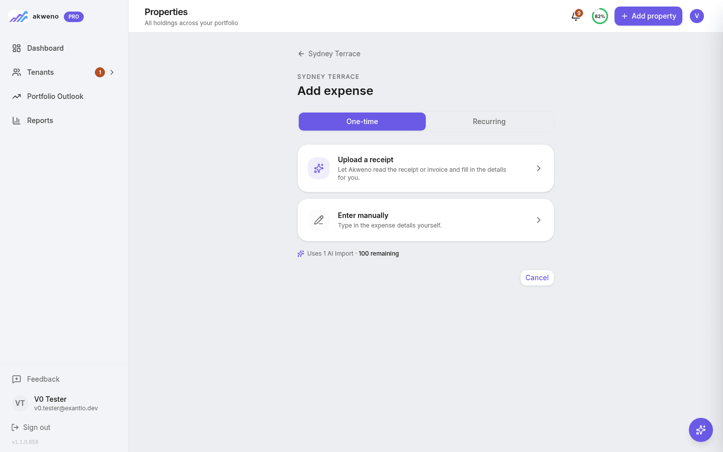 Akweno add-expense screen offering to upload a receipt for AI to read and fill in the details, or enter the expense manually, with the AI-import quota shown.