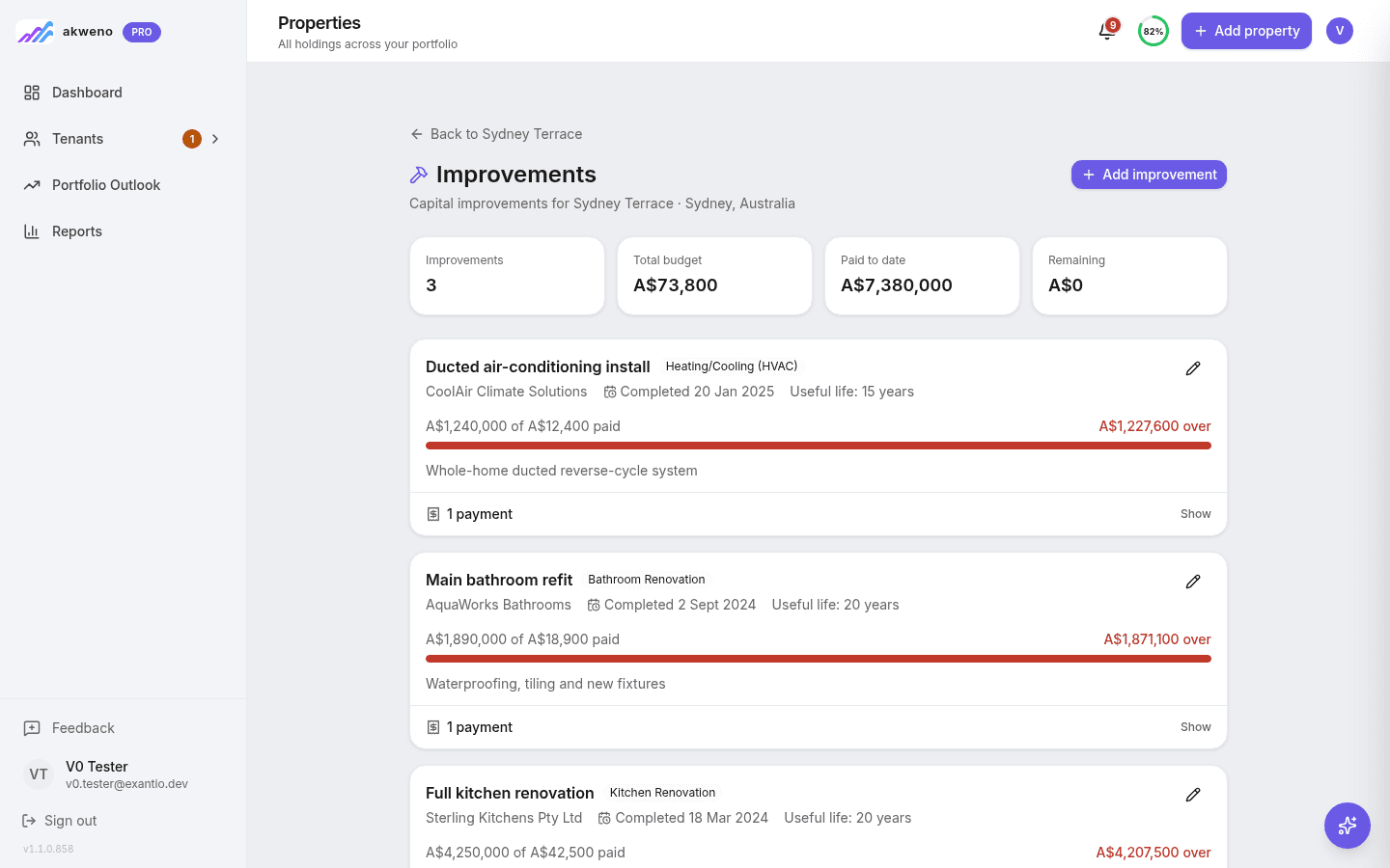 Akweno improvements tracking screen showing capital works and renovation spend logged against a property