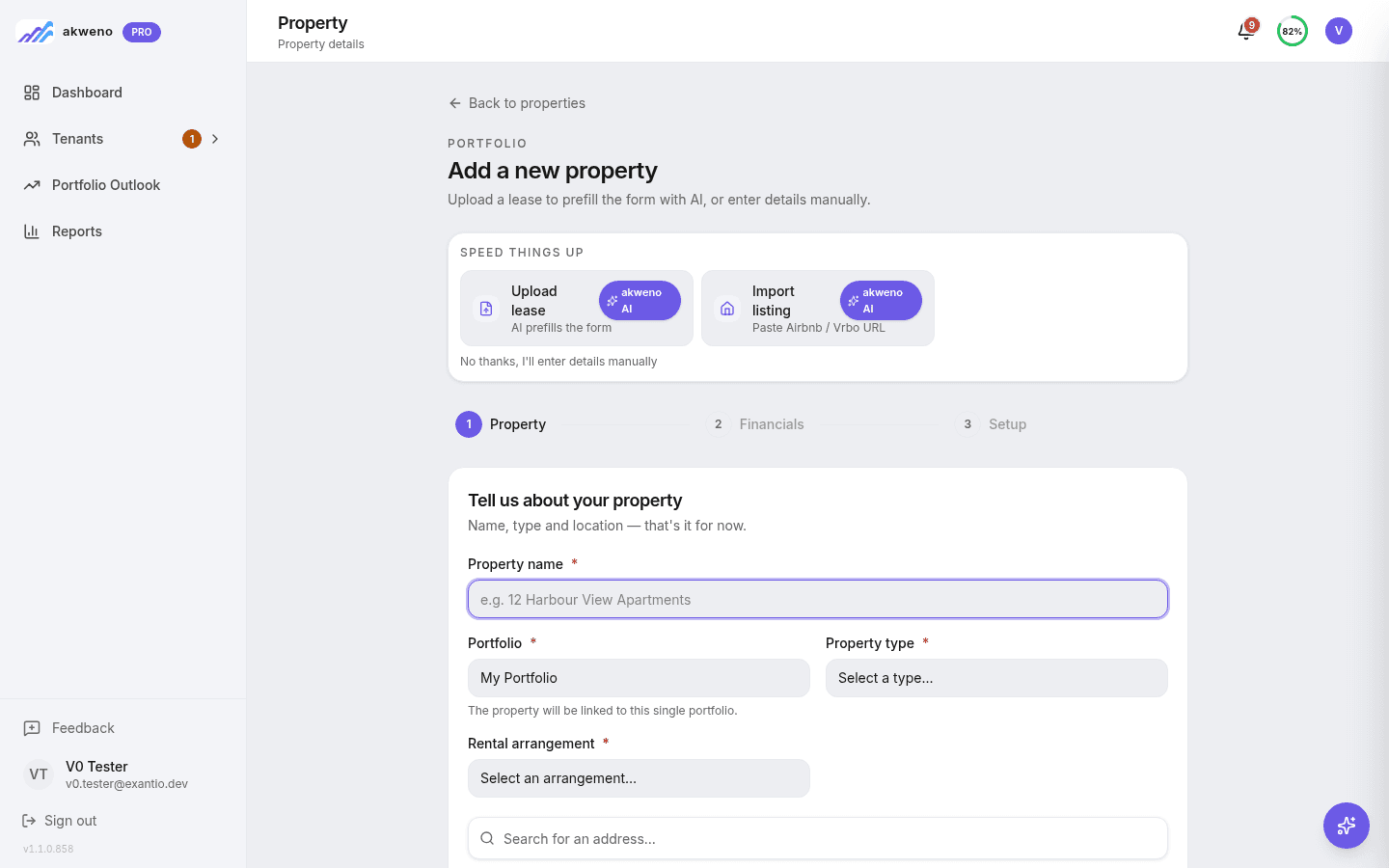 Akweno add-property wizard offering to upload a lease so AI prefills the form, or import a listing, with a step-by-step property setup flow beneath.