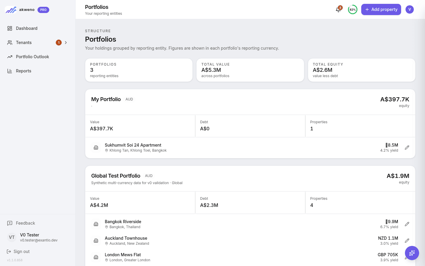 Akweno portfolios view listing properties in Australia, New Zealand, the United Kingdom and Thailand, each in its local currency and consolidated into a single AUD reporting total.