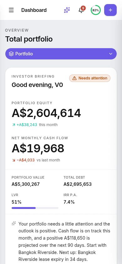 Akweno mobile Investor Briefing showing portfolio equity A$2.6M and net monthly cash flow A$19,968