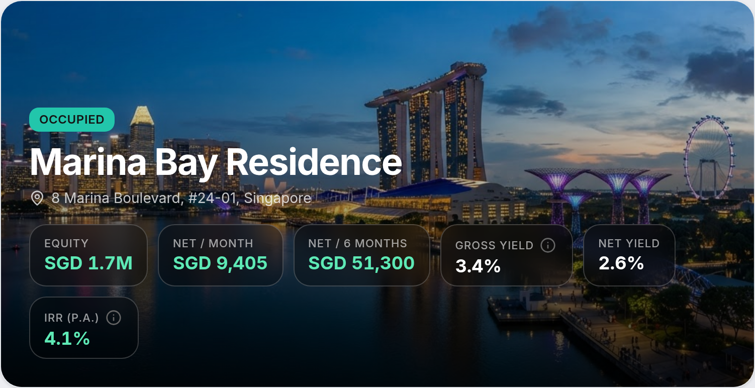 Akweno property detail view for Marina Bay Residence in Singapore, showing a Singapore skyline hero background with equity, net income and yields in SGD